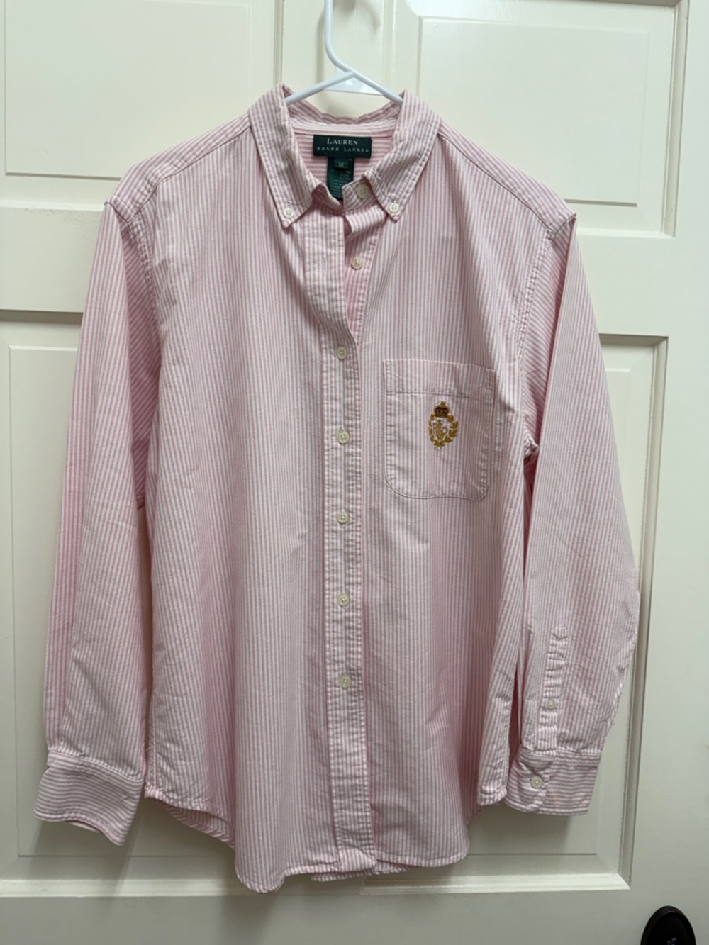 Ralph Lauren Light Pink White Pinstripe Button-Down Shirt with Chest Crest
